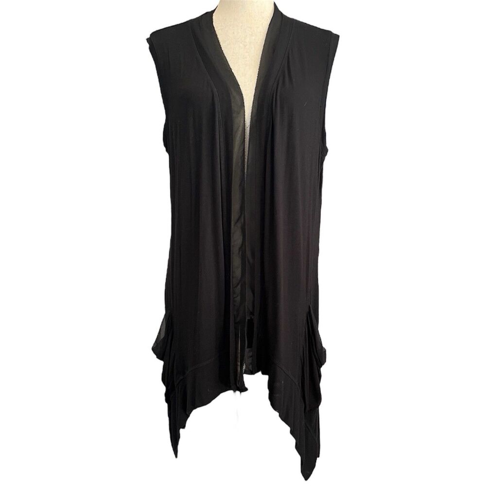 LOGO Lori Goldstein Long Vest Cardigan Size L Lagenlook Pockets Sharkbite Duster